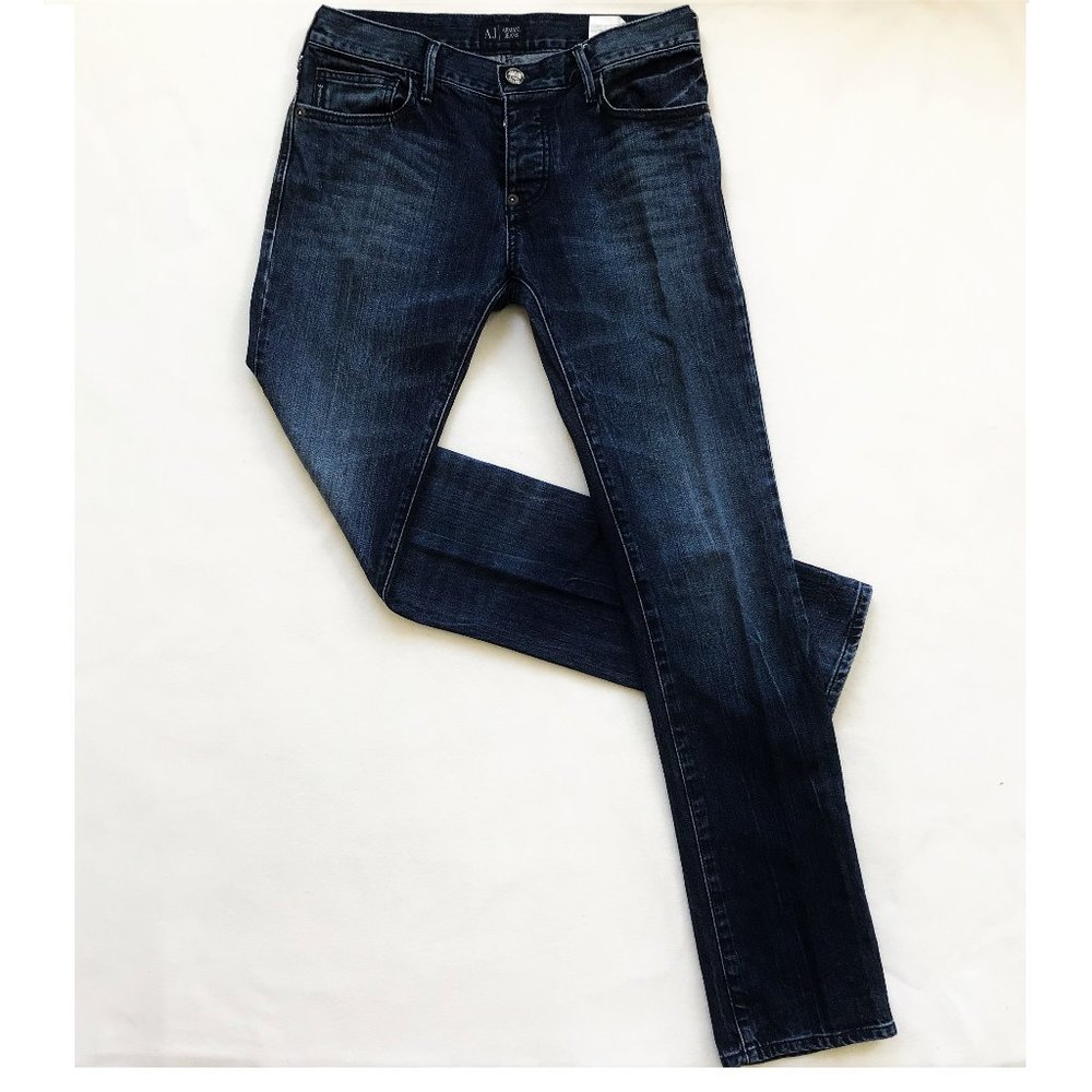 Vintage Armani Jeans Dark Wash Straight Leg 100% Cotton Rigid Denim 29 Mid Rise